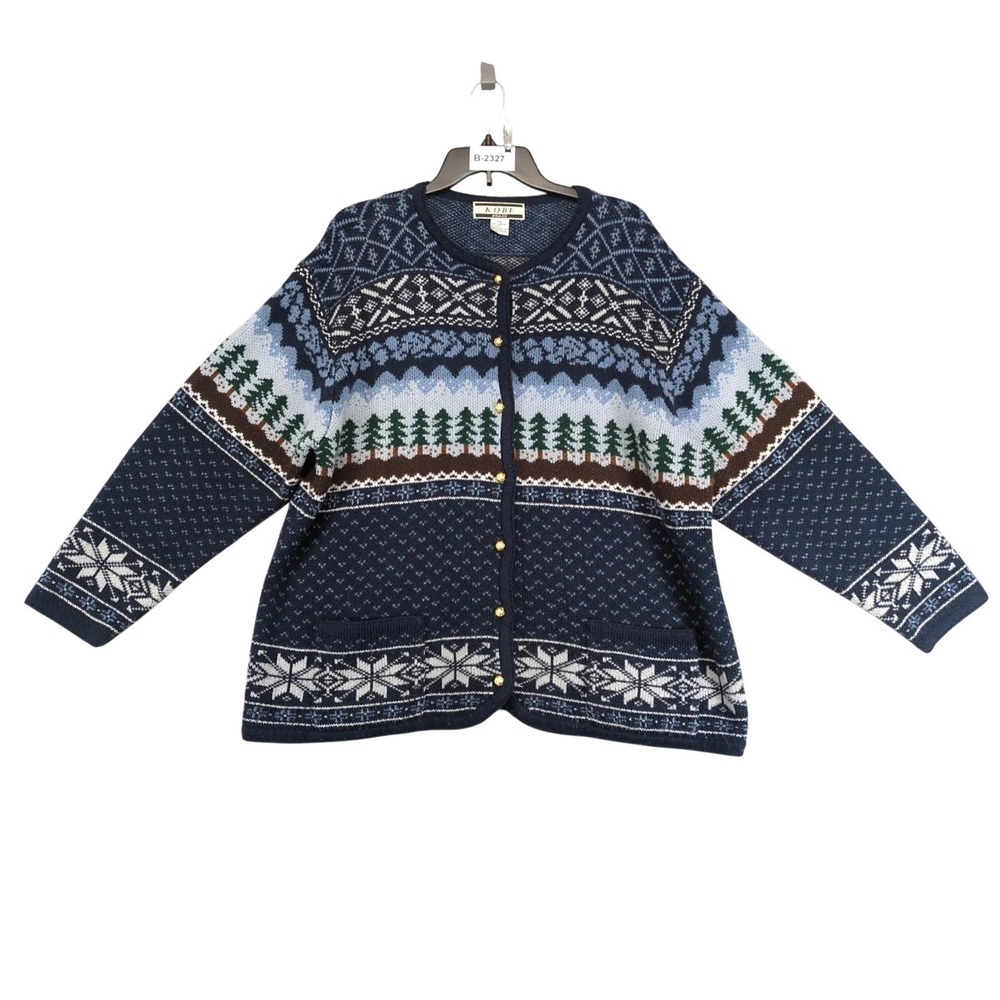 Vintage 80s Kobe Navy Fair Isle Cardigan Sweater Womens 2X Trees Gold Buttons